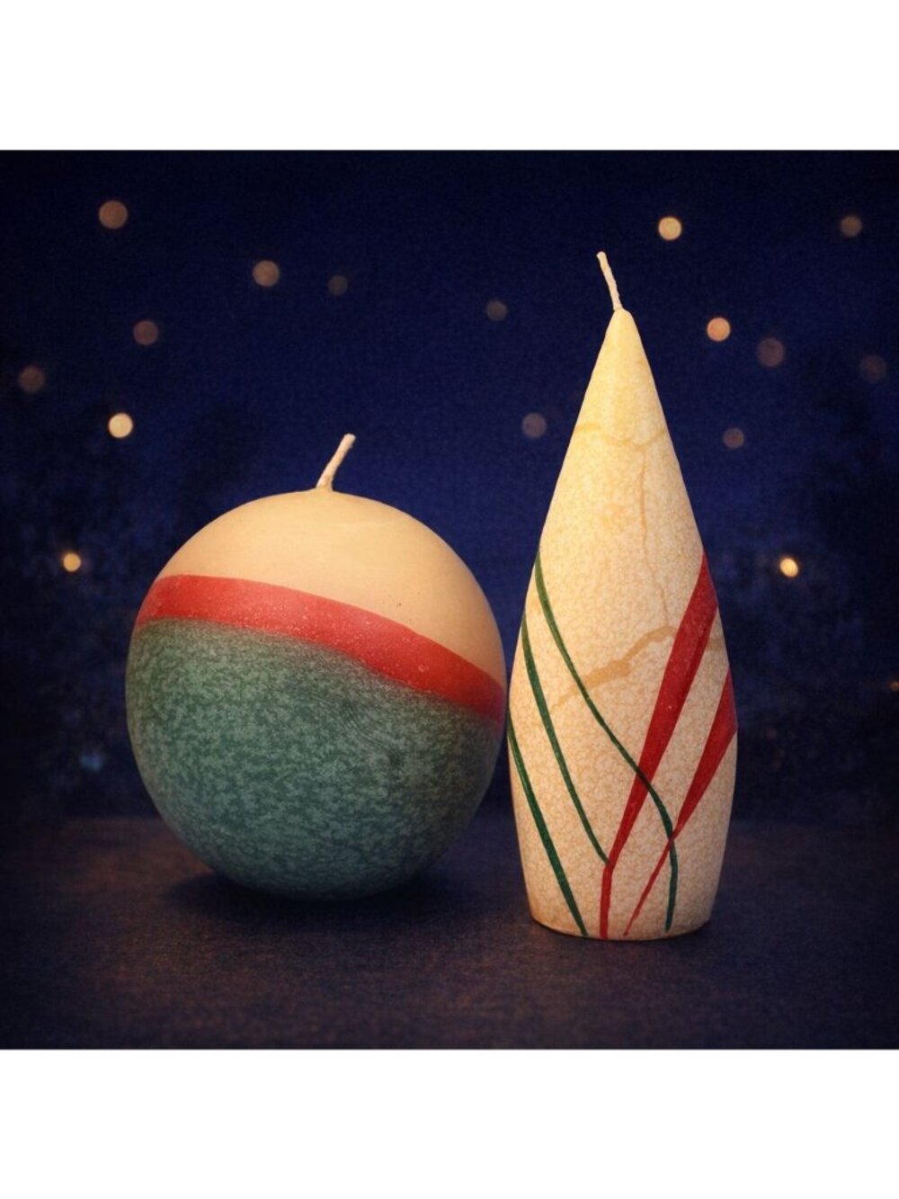 Holiday Ribbons Candle Set Round and Cone Red/Green/Ivory NEW Decor Vintage